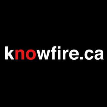 Black, red and white logo for knowfire.ca